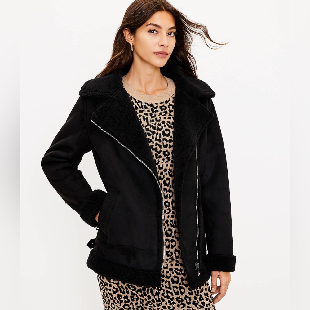 LOFT Black Teddy Jacket with Plush Texture and Asymmetrical Zipper NWOT